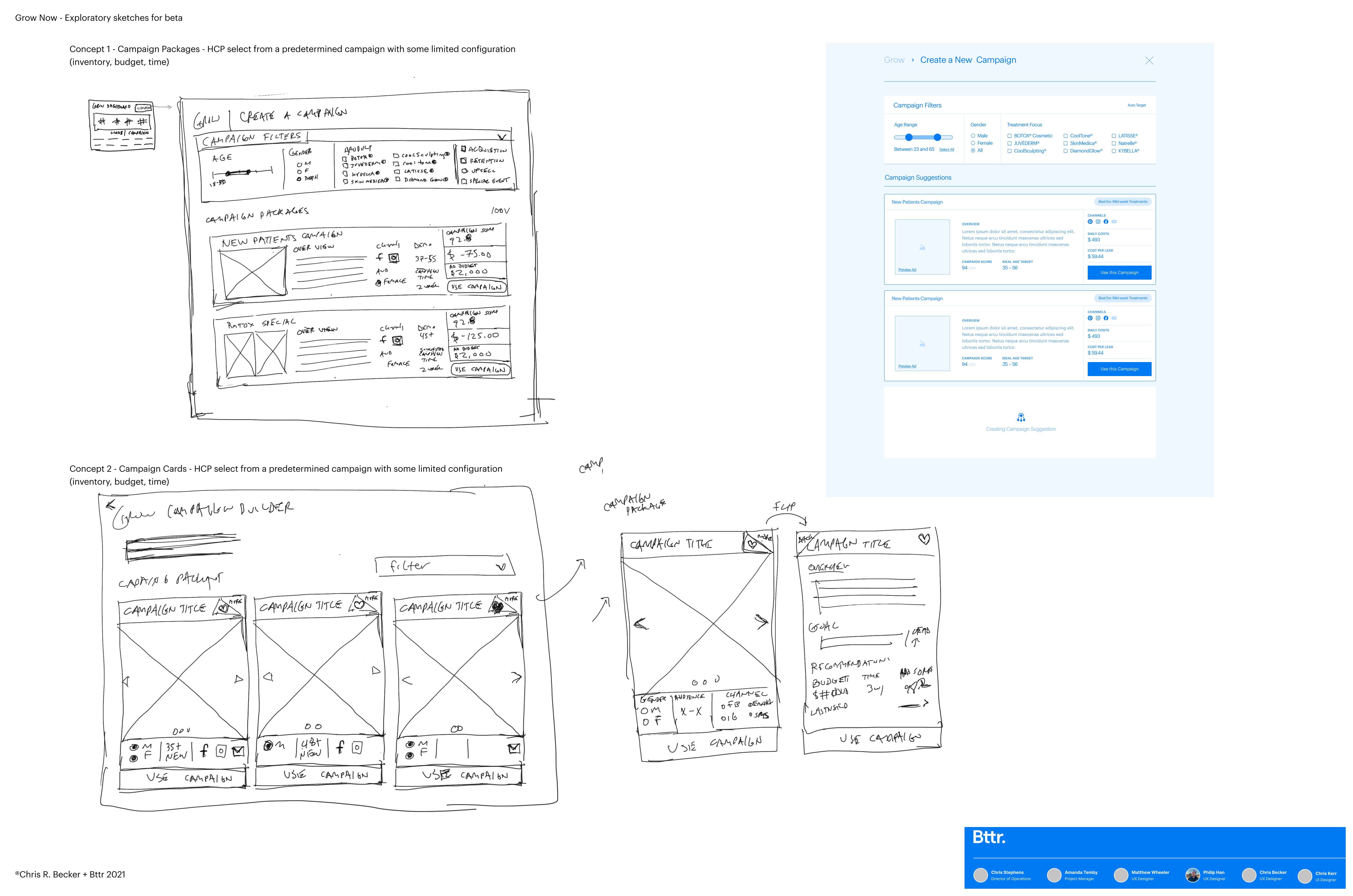Hand-drawn wireframe sketches of campaign setup screens
