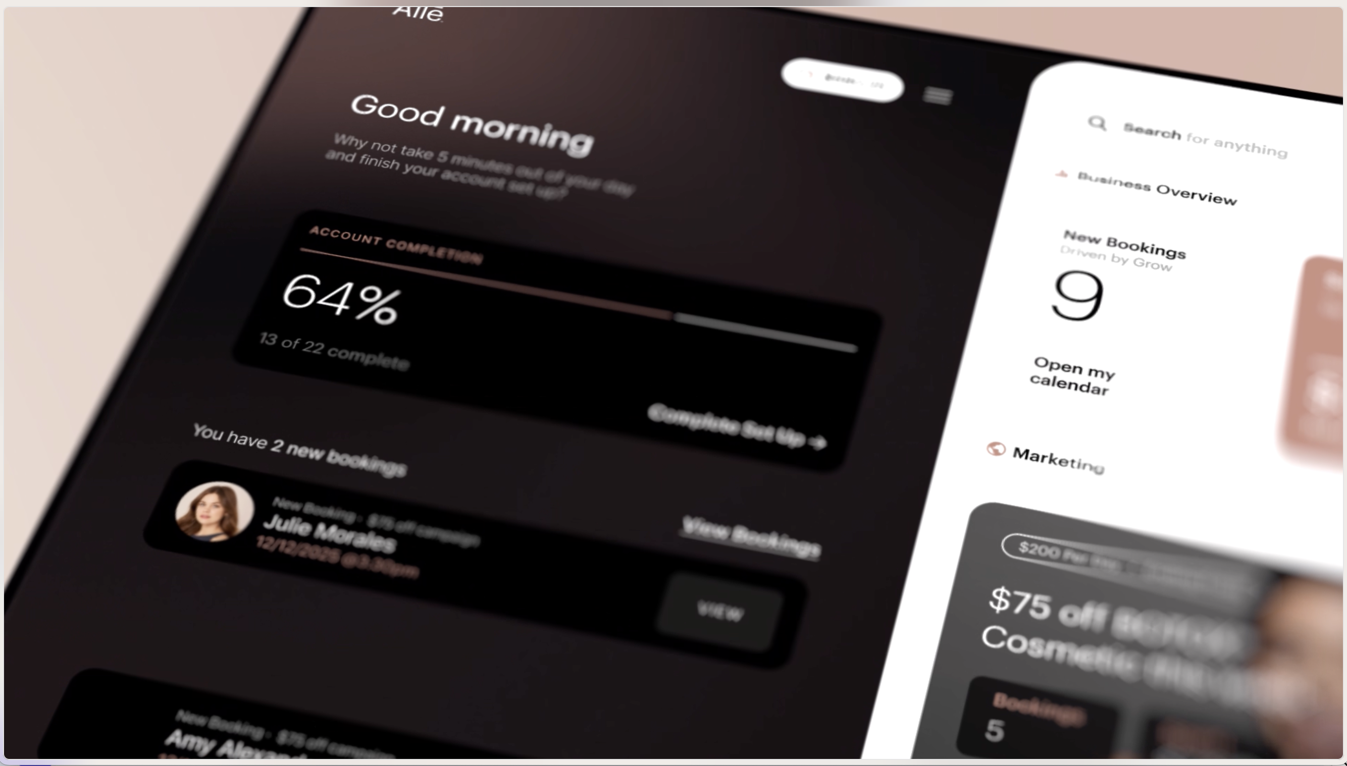 Allē Grow prototype screens on dark and light backgrounds