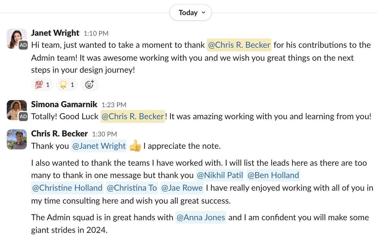 Screenshot of slack with call out from the team