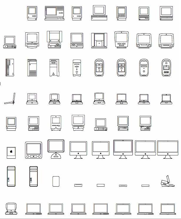 A sheet of Macintosh-era icons for desktops, laptops, phones, and tablets
