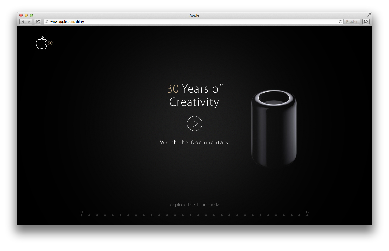 The 30 Years of Creativity page with a prompt to watch the documentary