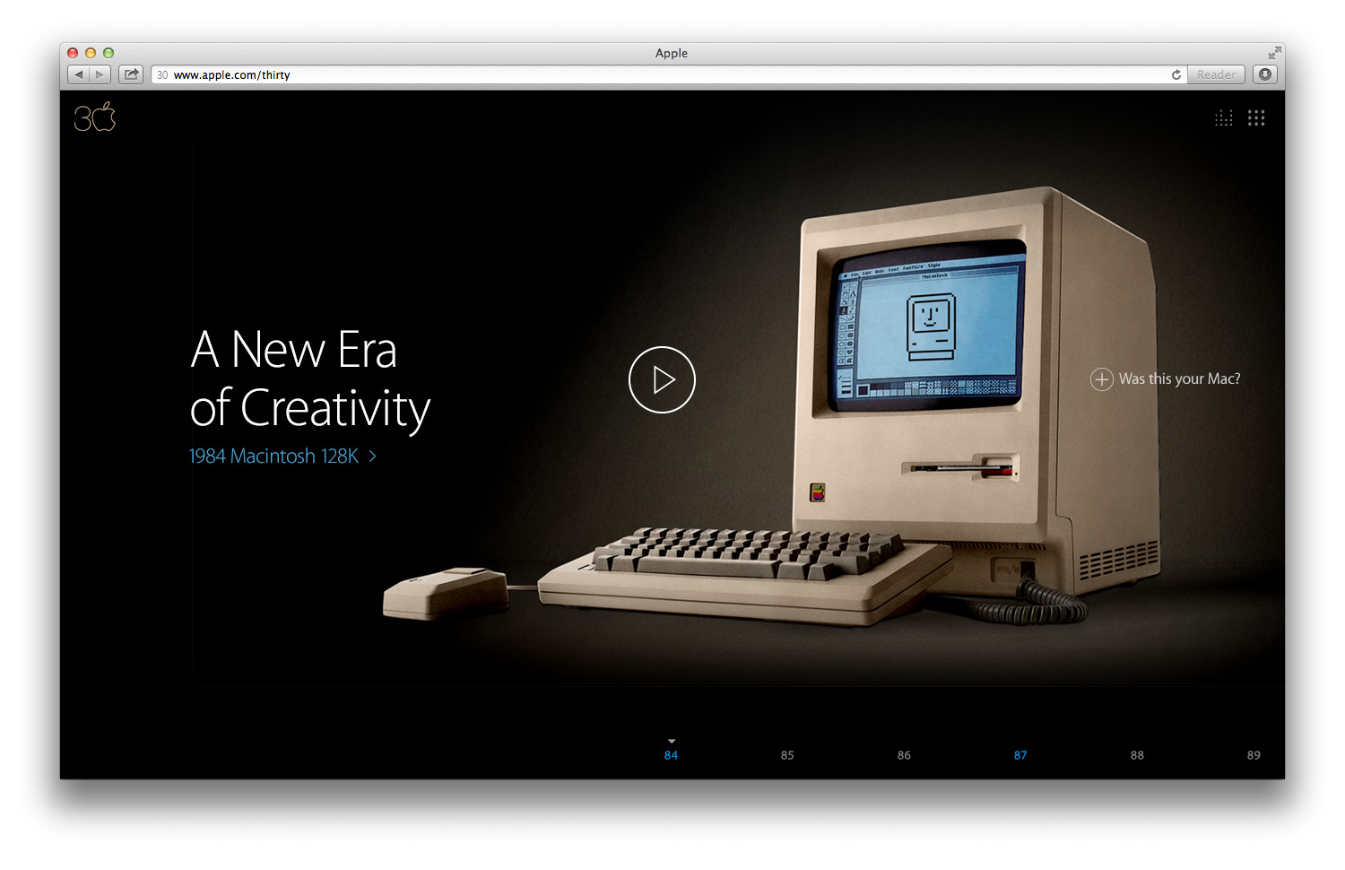 The 1984 Macintosh at the center of a dark page titled A New Era of Creativity