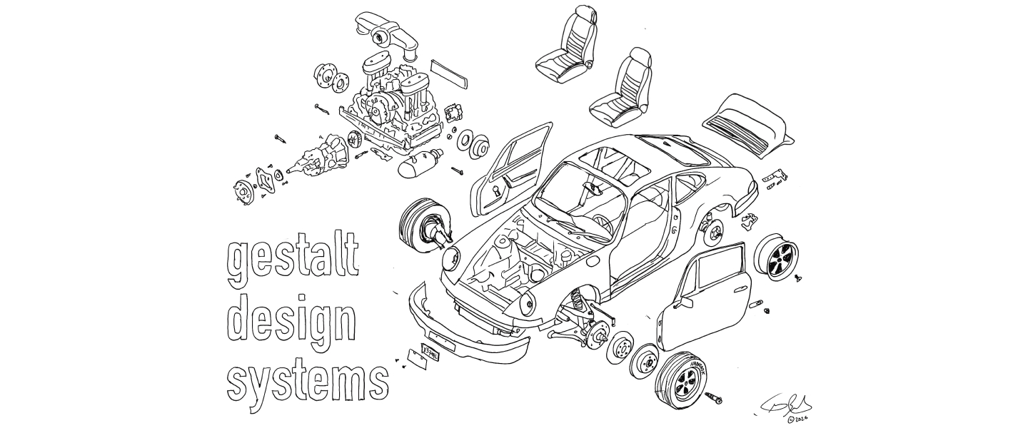 Pen sketch: an exploded view of a car beside the words gestalt design systems