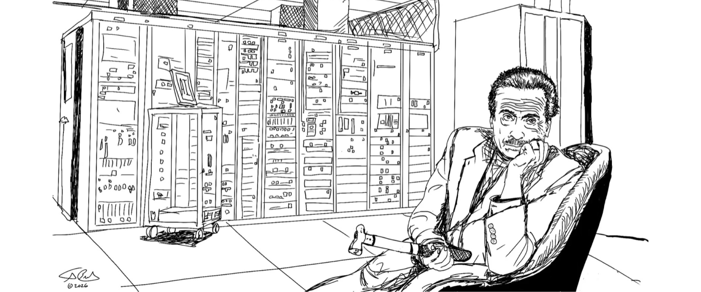 Pen sketch: Marshall McLuhan in a chair in a room of machines