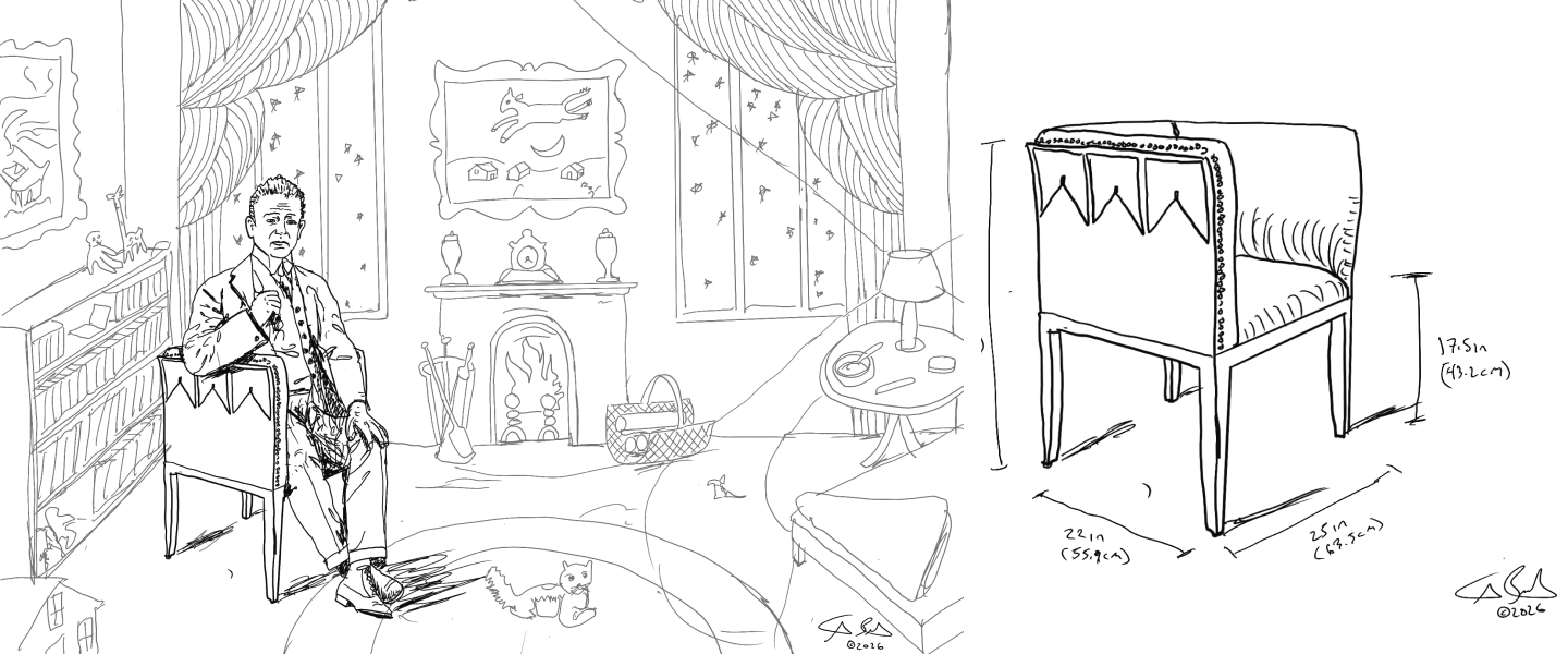 Pen sketch: a man seated in an armchair in a parlor beside a dimensioned drawing of the chair