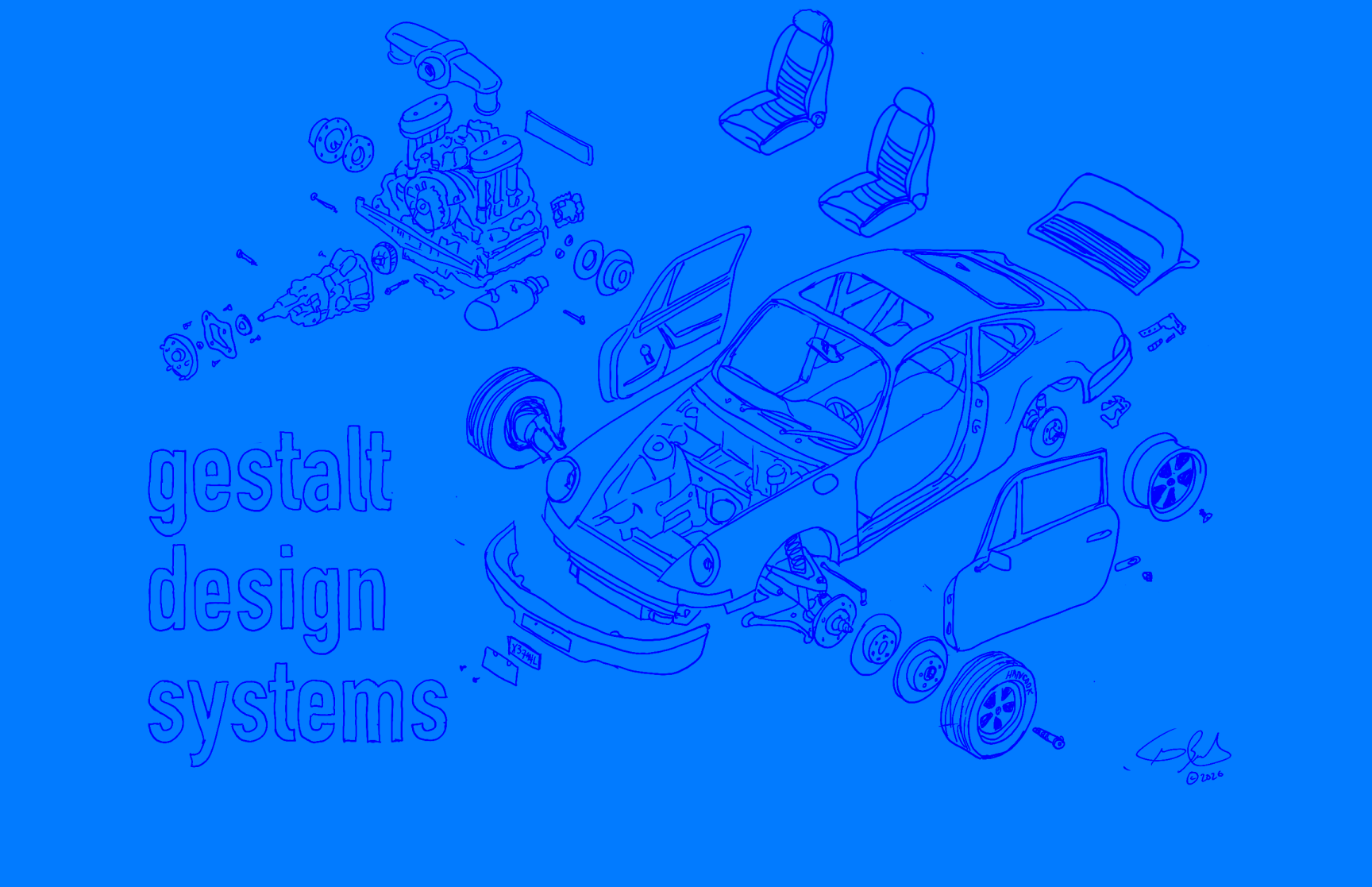 drawing of exploded porsche 911s coupe car as a way demonstrate gestalt and design systems>
  </div>
  <div class=