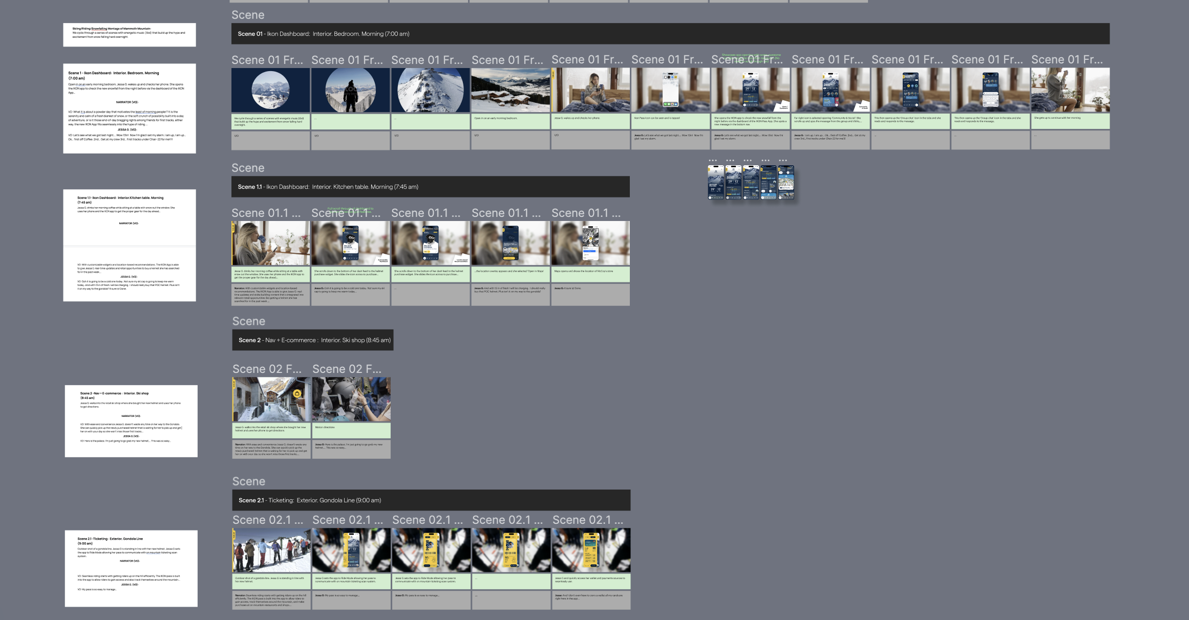 A storyboard board with scenes, shot frames, and notes for the pitch film
