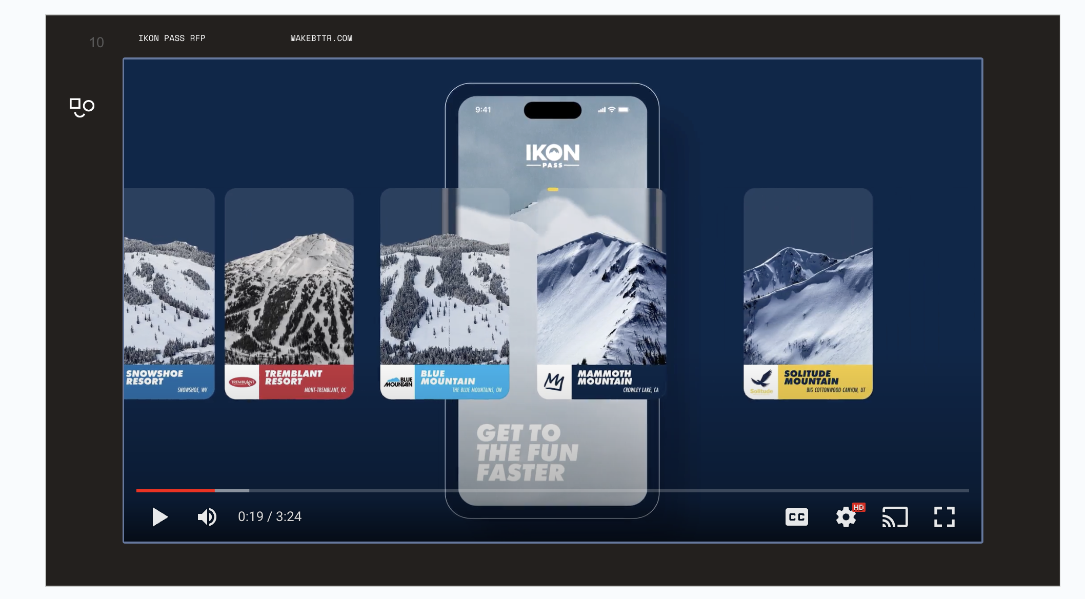 A frame from the prototype film showing a stack of resort cards behind the app