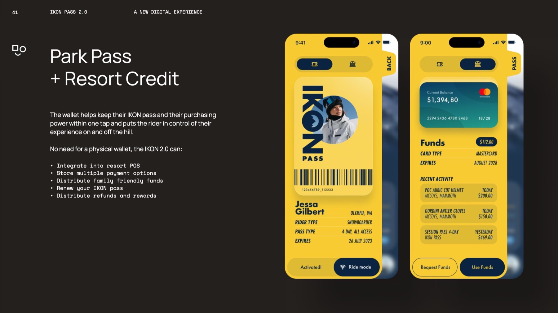 Slide 7: Park pass and resort credit: the pass, funds and rewards in one wallet, with no physical card.