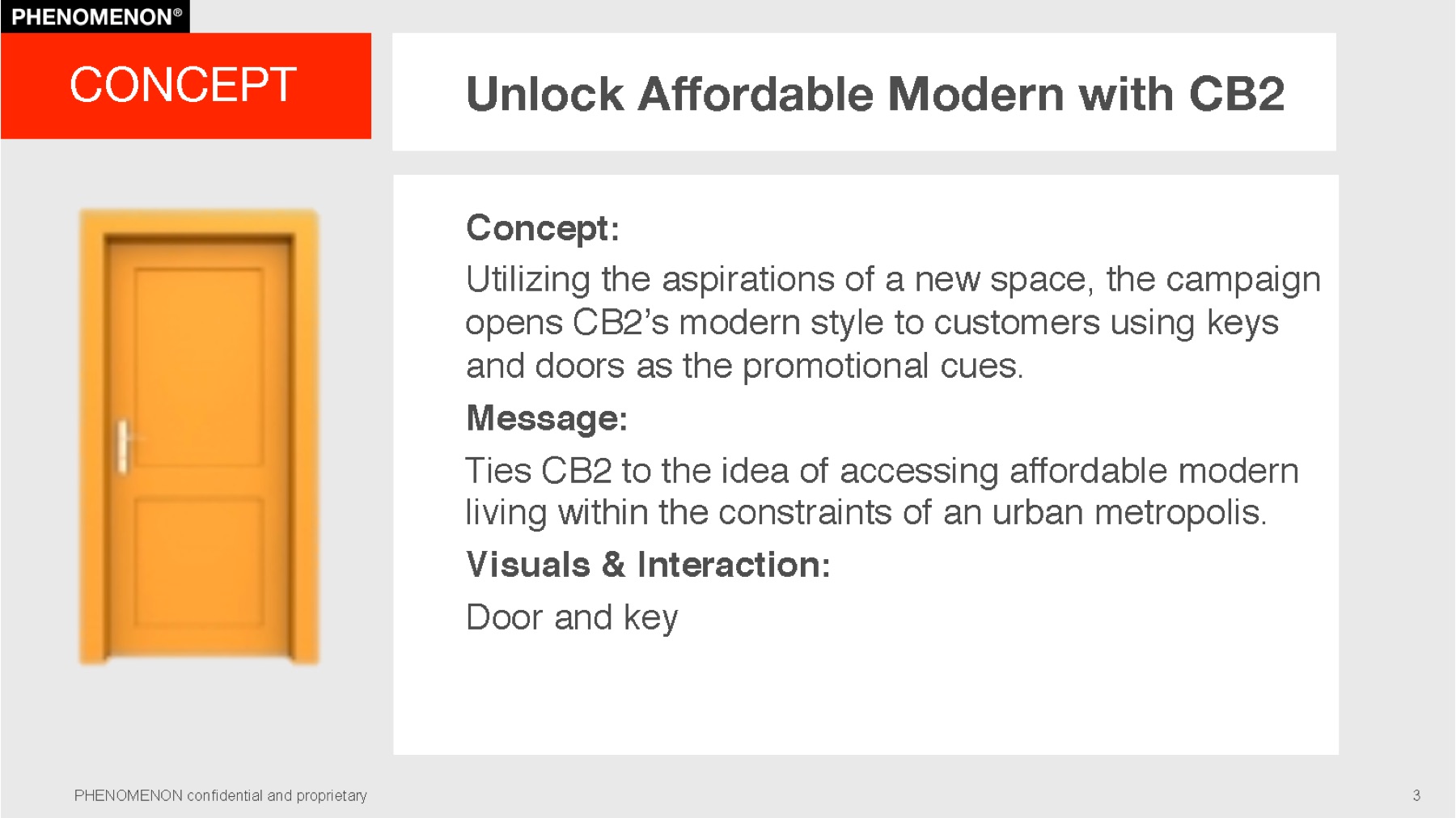 CB2 project plan slide 3: The concept: Unlock Affordable Modern with CB2, with a door and key as the visual idea.