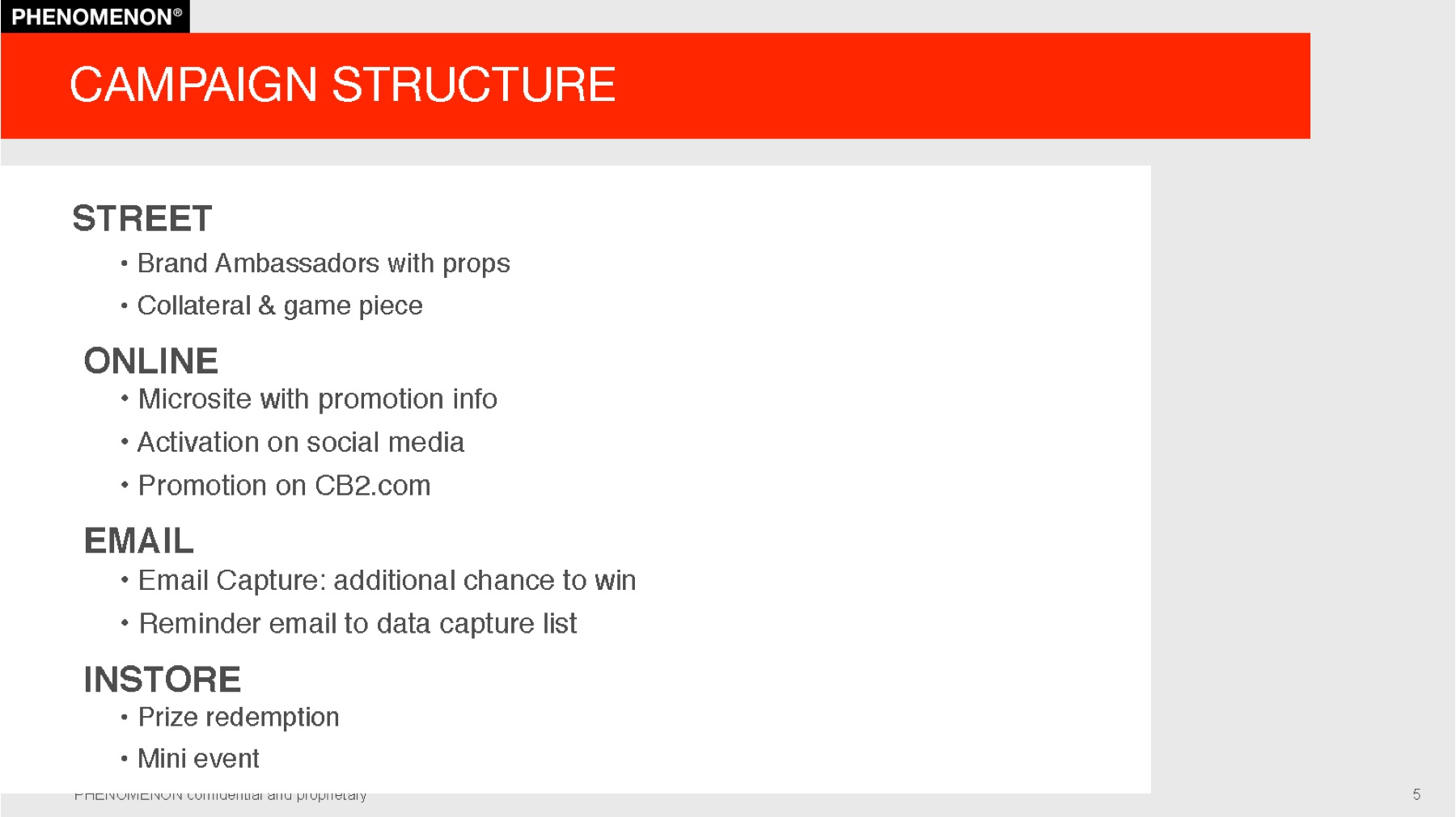 CB2 project plan slide 5: Campaign structure: street, online, email, and in-store.