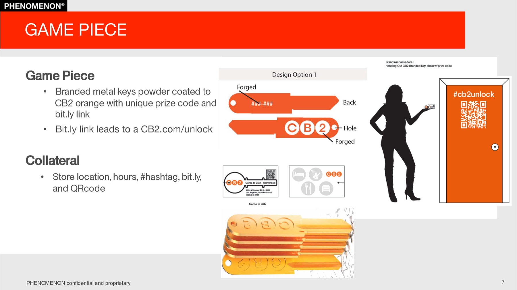 CB2 project plan slide 7: The game piece: a branded key and a card or tag that lead to the CB2 microsite.