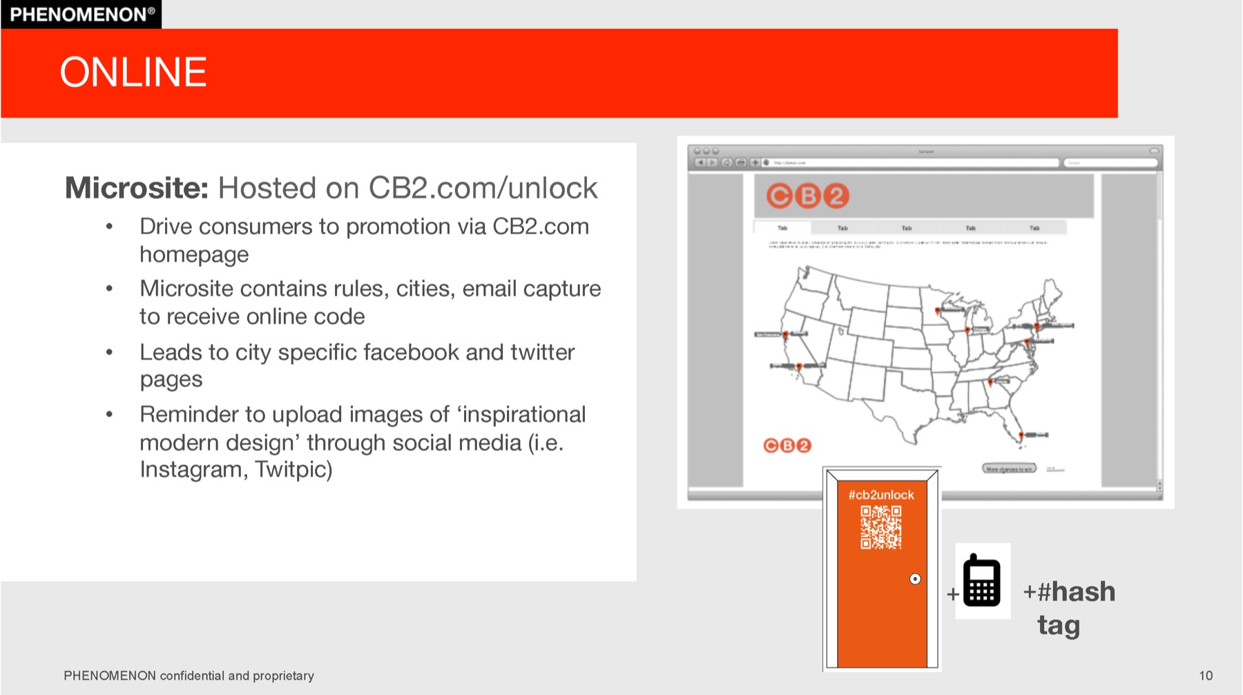 CB2 project plan slide 10: Online: a microsite hosted on CB2.com with a map of participating locations.