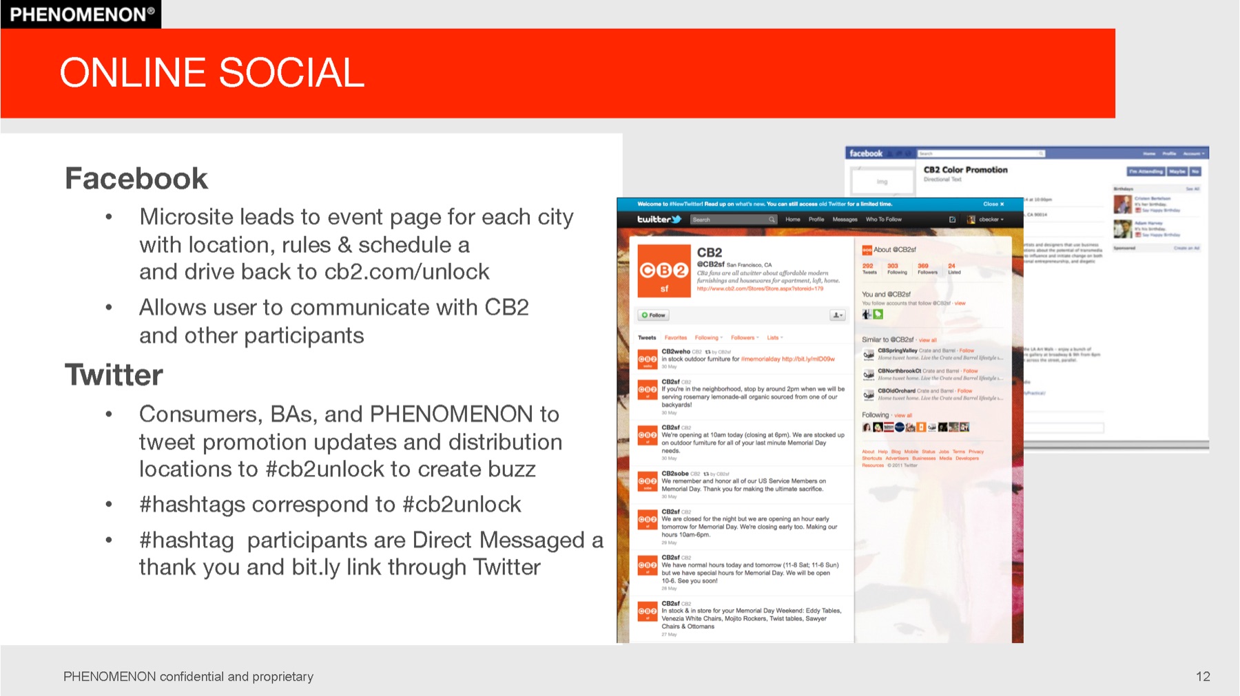 CB2 project plan slide 12: Online social: Facebook, Twitter, and Instagram plans.