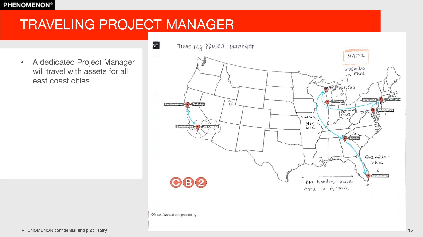 CB2 project plan slide 15: A traveling project manager to run each city.