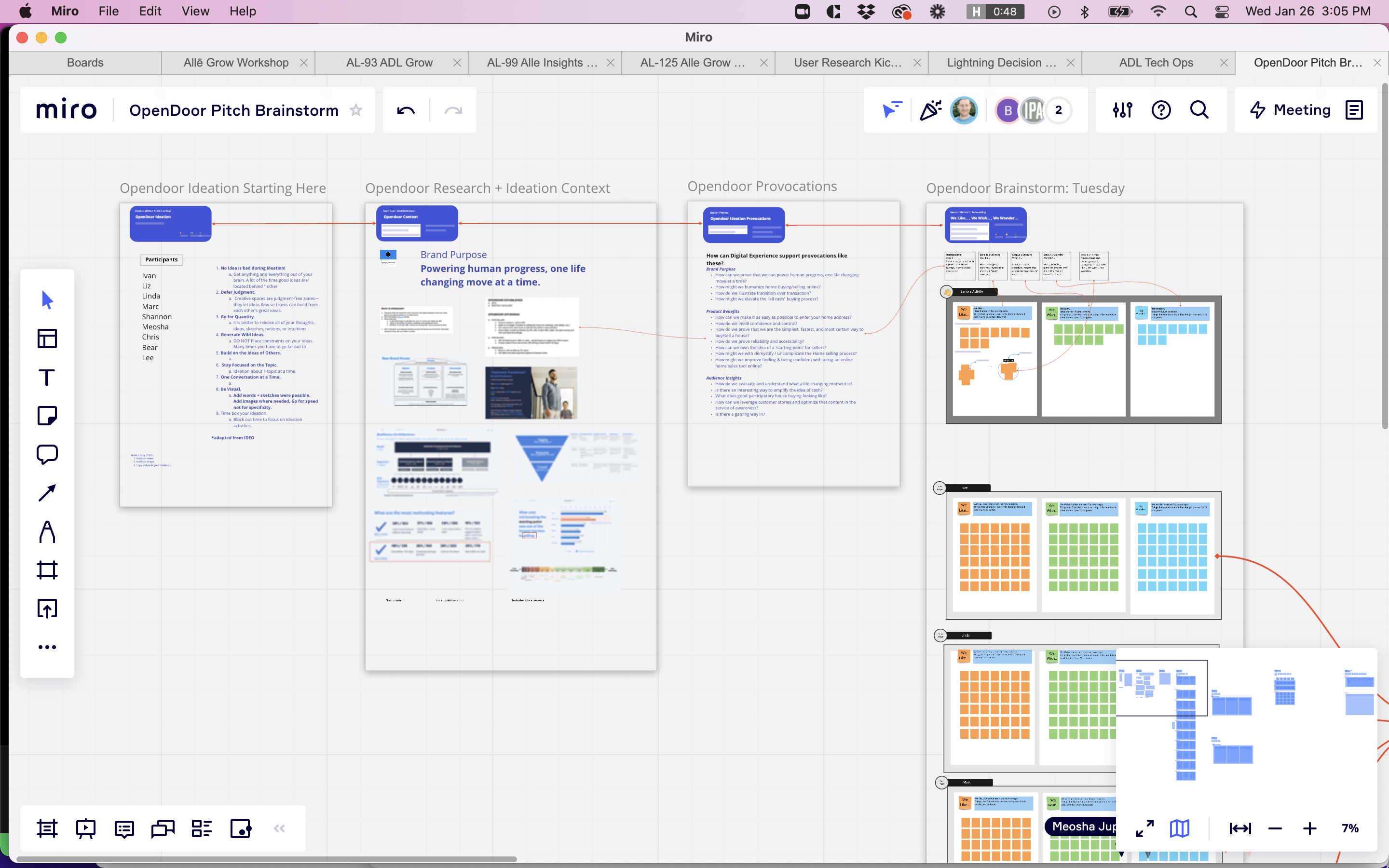 A Miro board laying out the What If ideation session with instructions and sticky note grids