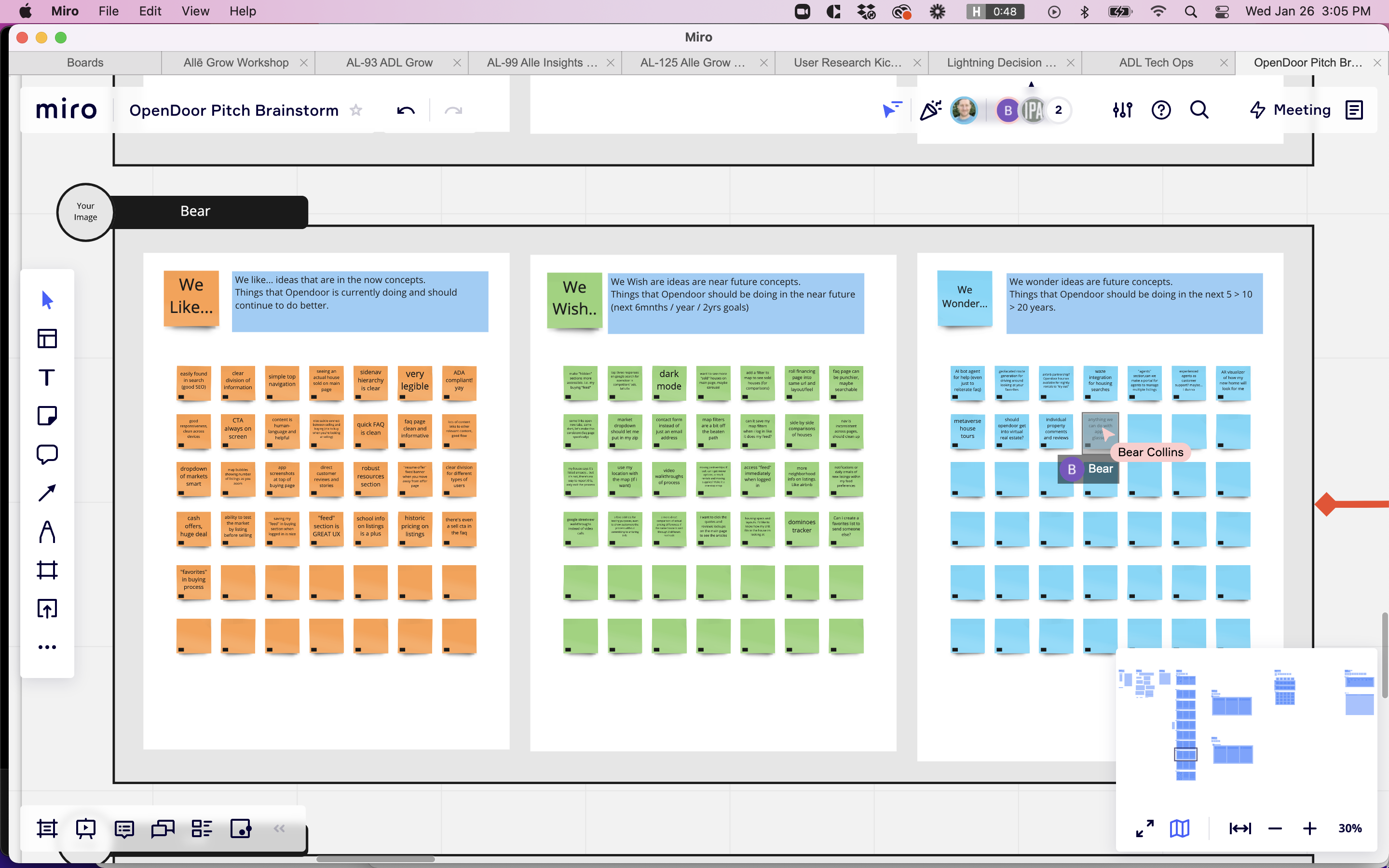 Three columns of color-coded sticky notes for the What If session