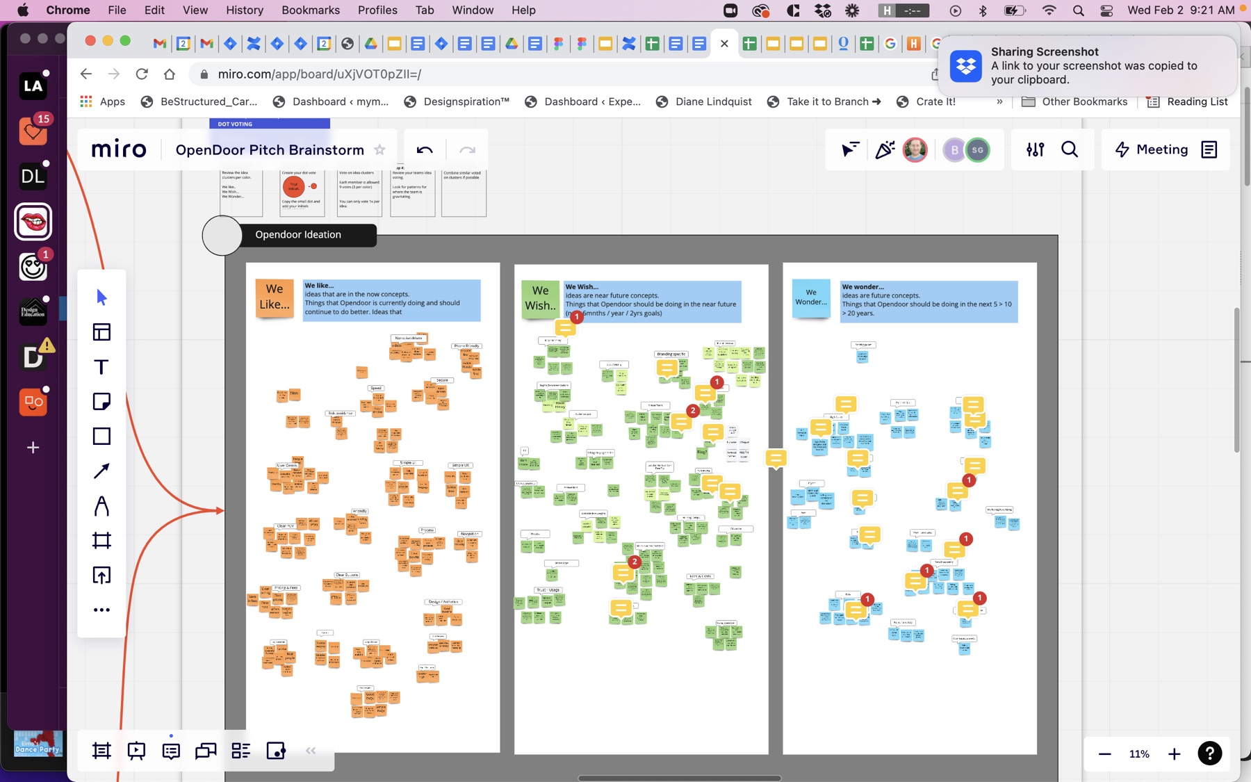 Miro board: Votes: the What if board with voting markers added.