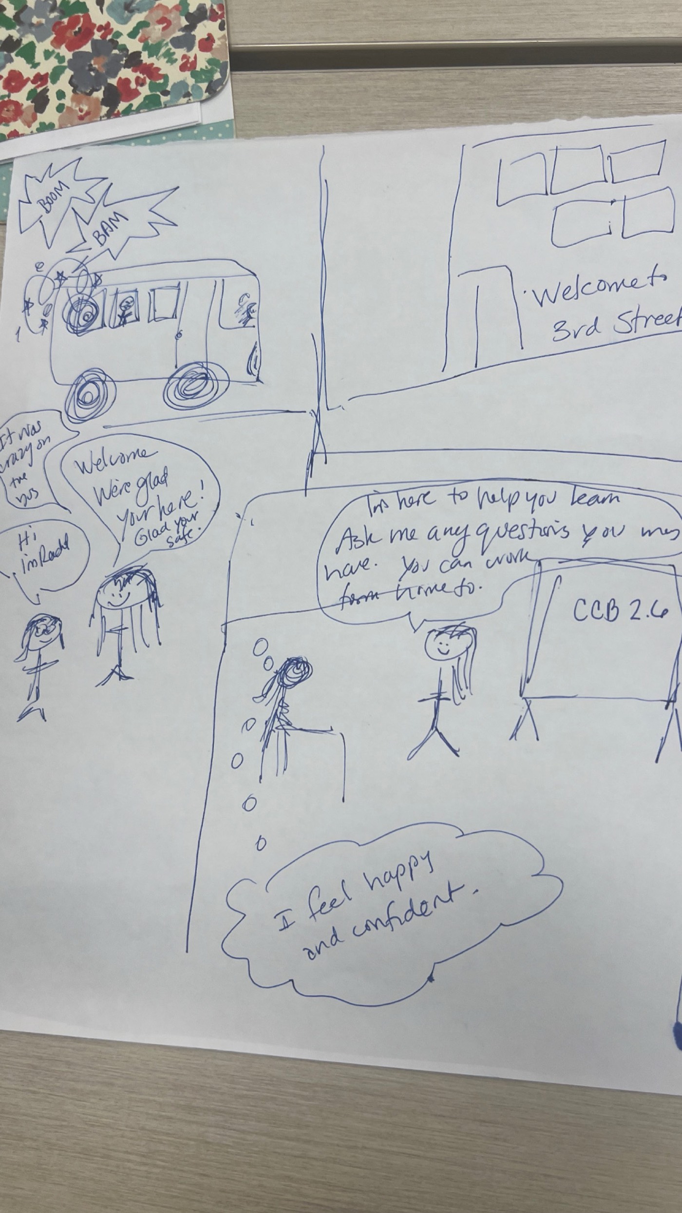 A hand-drawn storyboard of a van and people talking, on paper