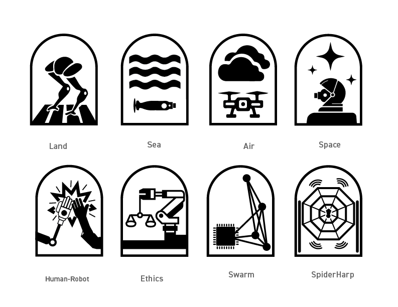 Eight arched badges for Land, Sea, Air, Space, Human-Robot, Ethics, Swarm, and SpiderHarp