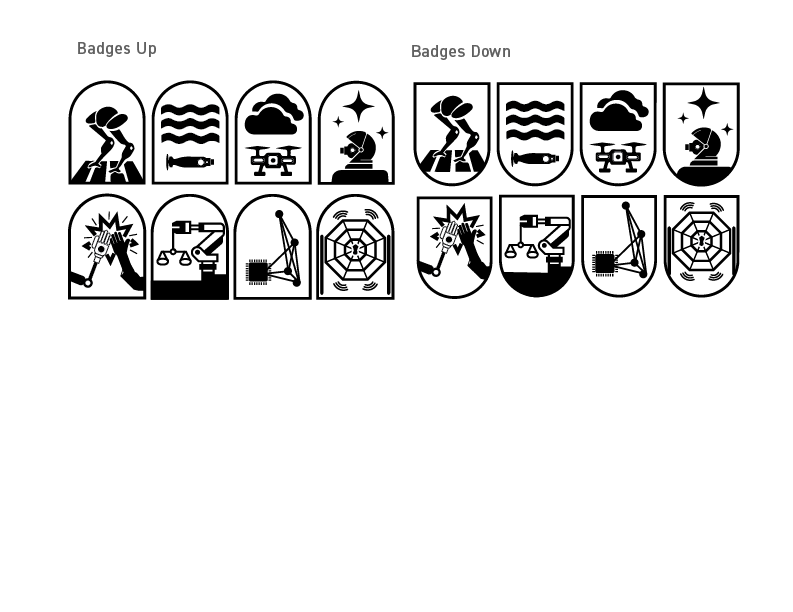 The badge set shown in two orientations, badges up and badges down