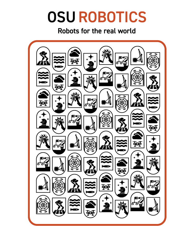 The back artwork: a framed grid of badges under the words OSU Robotics, Robots for the real world