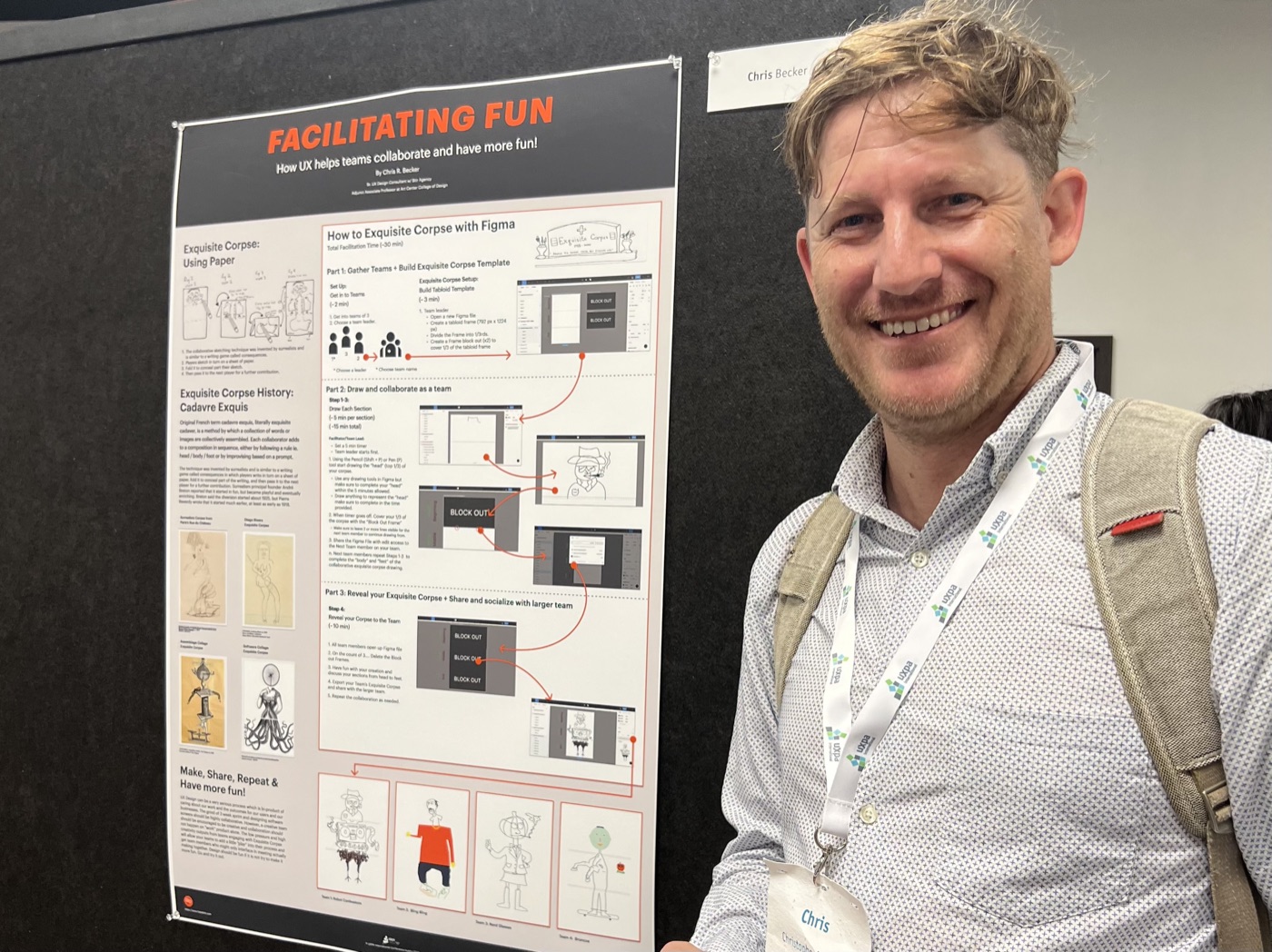 Chris smiling in front of the Facilitating Fun poster
