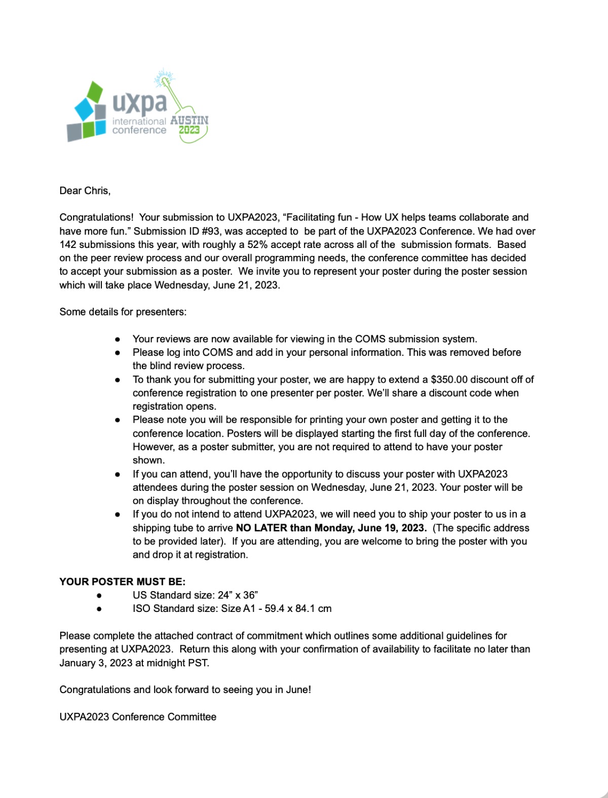 The UXPA 2023 acceptance letter for the poster submission