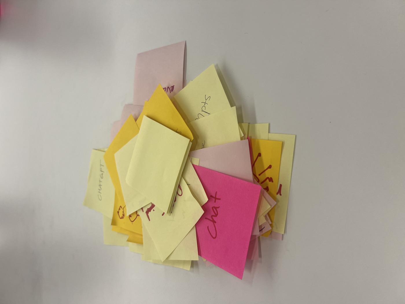 A pile of yellow and pink sticky notes on a table