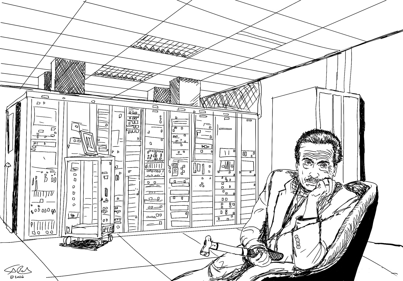 Pen sketch: Marshall McLuhan in a room of machines
